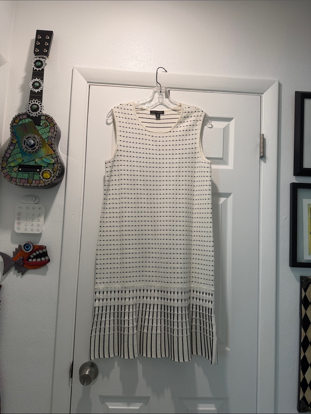 Saks Fifth Avenue Cream Sleeveless Knit Midi Dress with Black Pattern